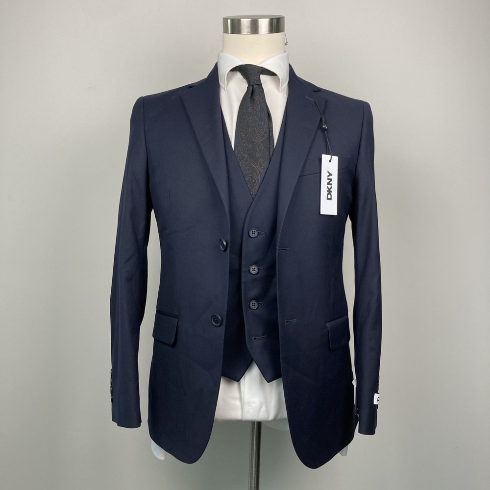 DKNY Mens Modern fit 2-pc Suit Jacket Vest 38S Navy No Pants